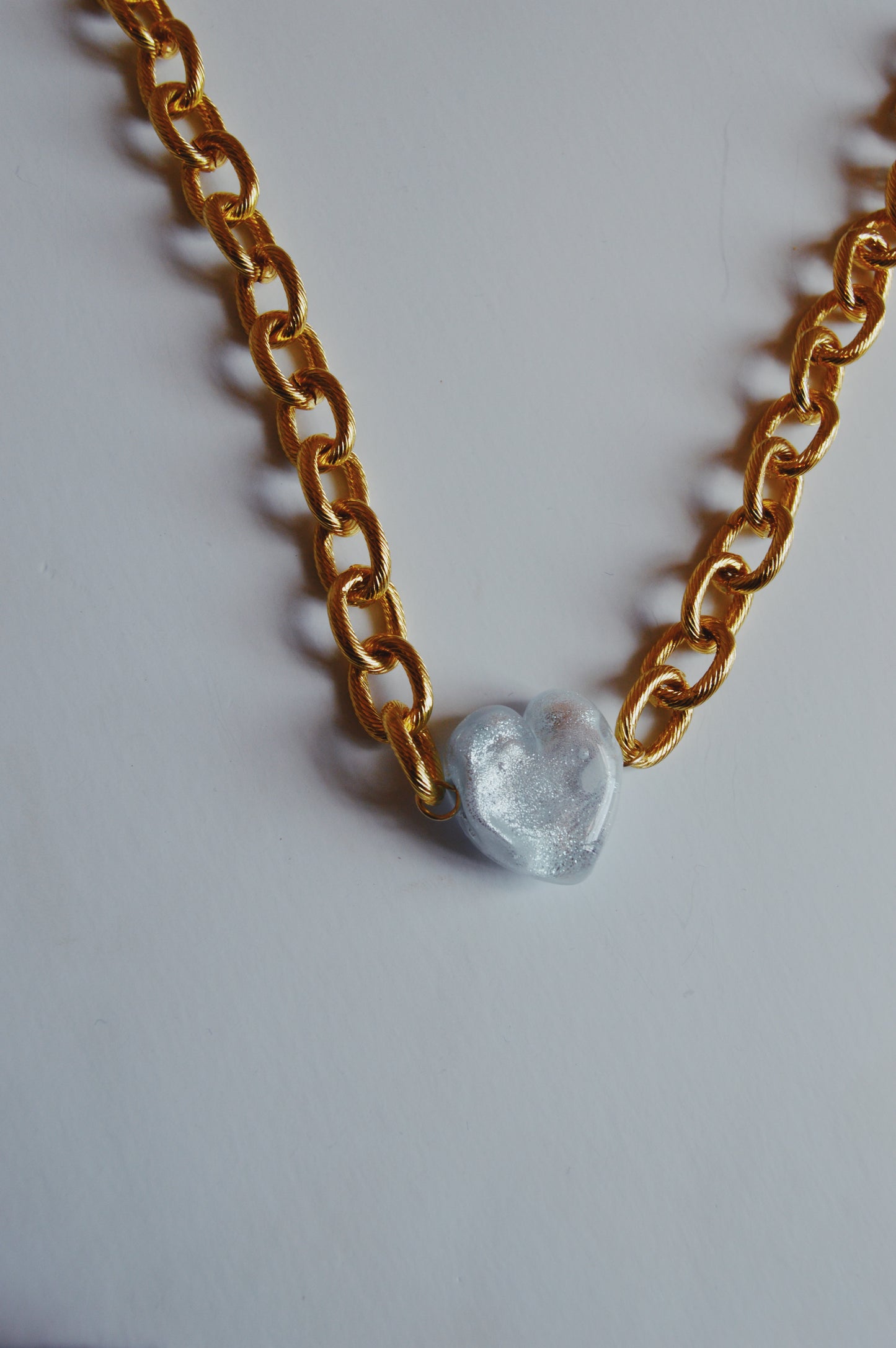 White Chunky Plated Glass Heart Necklaces