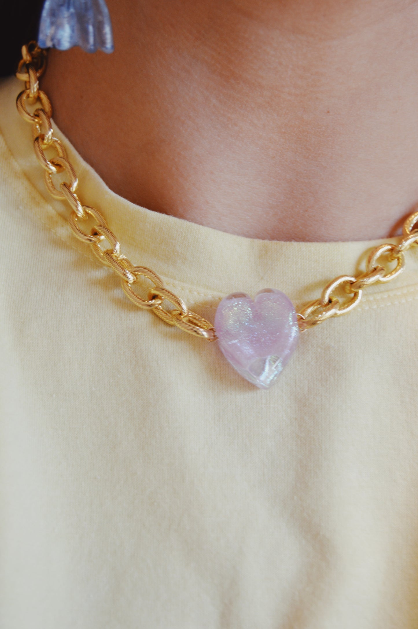 Chunky Plated Glass Heart Necklace- Pink