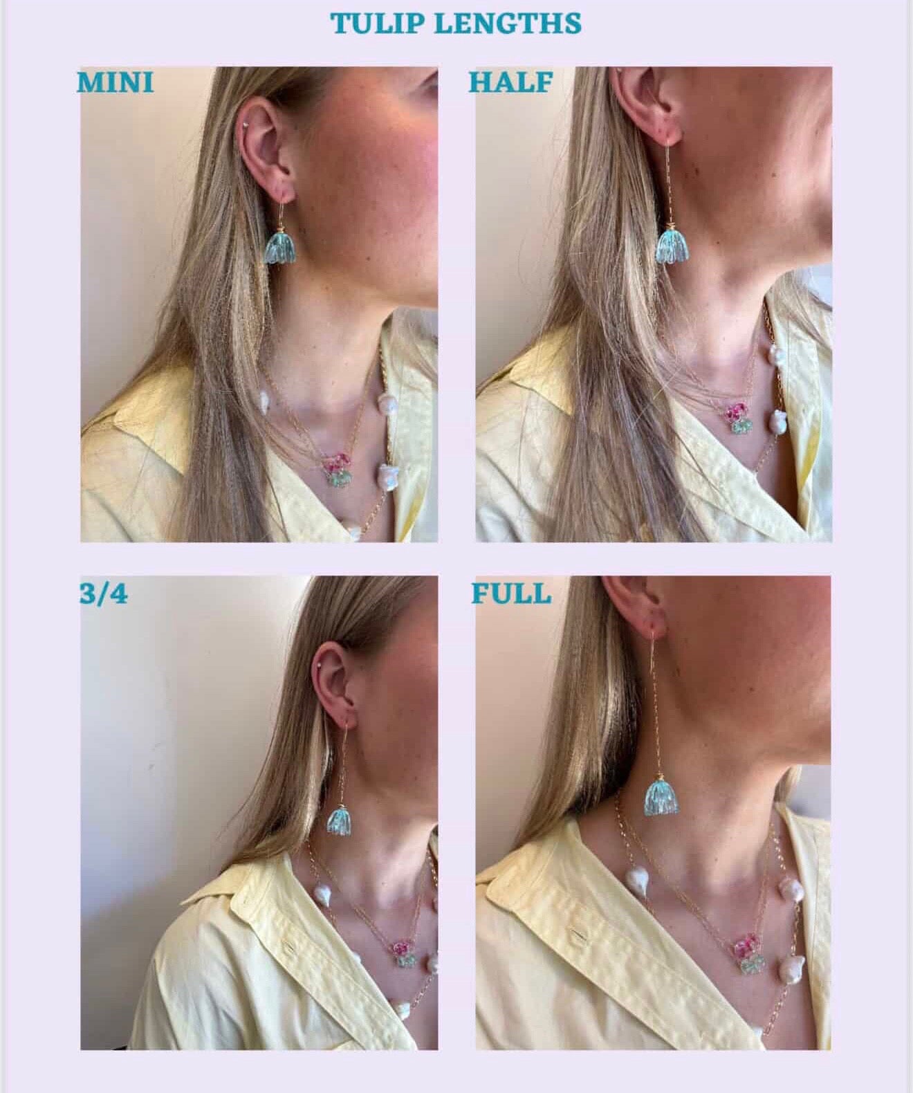 Collage of Glass Tulip Earrings in mini, half, 3/4, and full lengths—handmade lampwork tulips on 14k gold-filled chain. Side profiles feature each design worn by a long-haired blonde model.