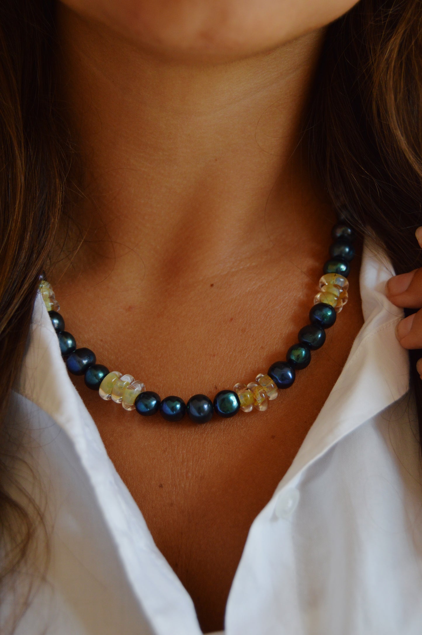 Pearl and Glass Necklace- Navy