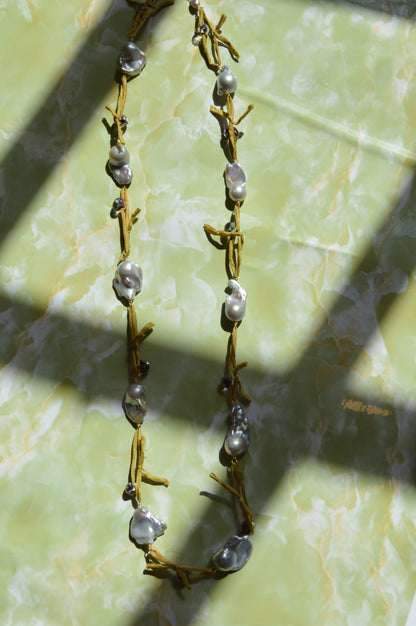 Long Silk and Pearl Layer - olive