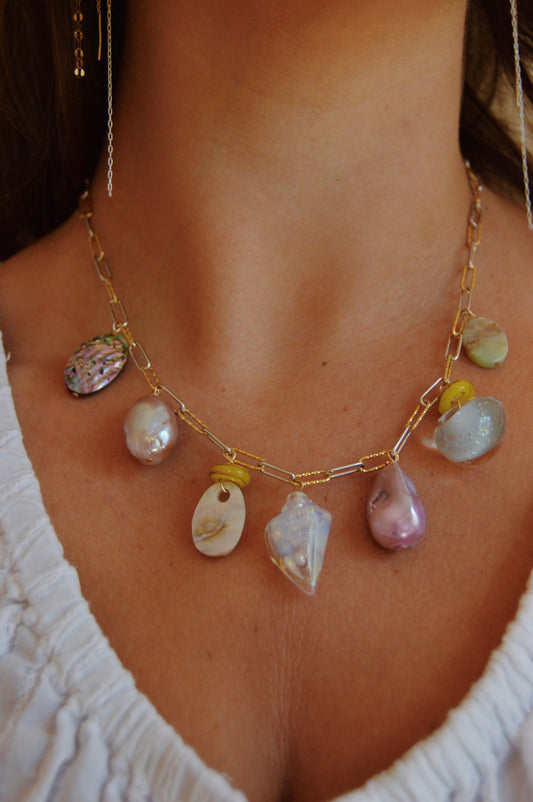 White Shell and Lavender Pearl Charm Necklace