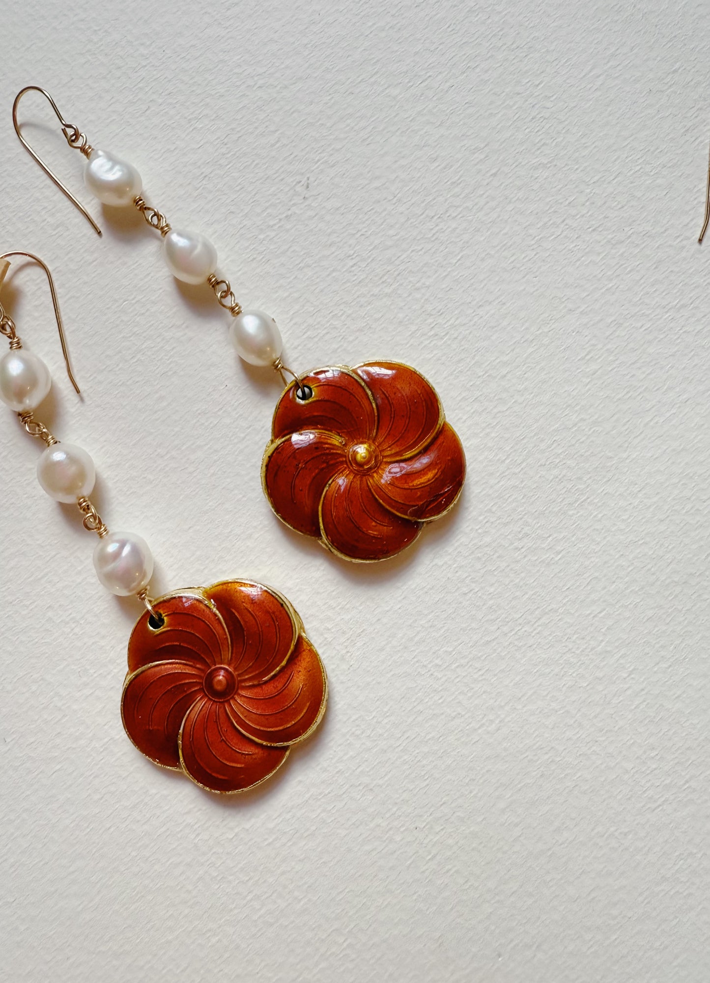 cloisonné pansy and pearl dangles