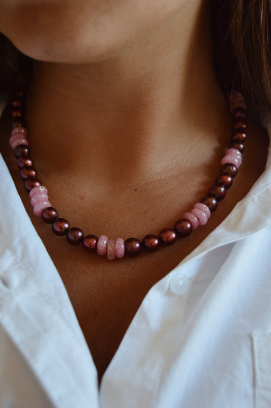 Pearl and Glass Necklace- Burgundy