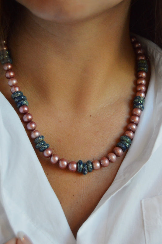 Pearl and Glass Necklace- Pink and Teal