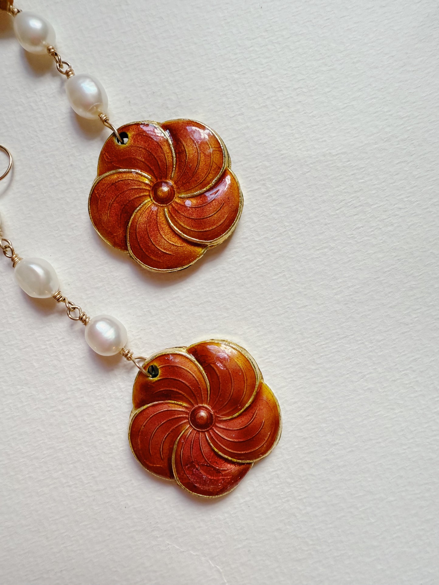 cloisonné pansy and pearl dangles