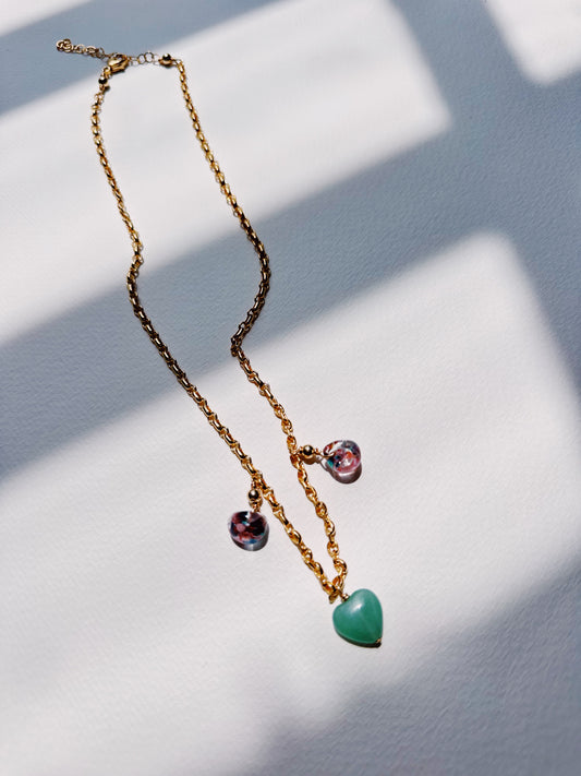 Gemstone Heart Charm and Glass Necklace