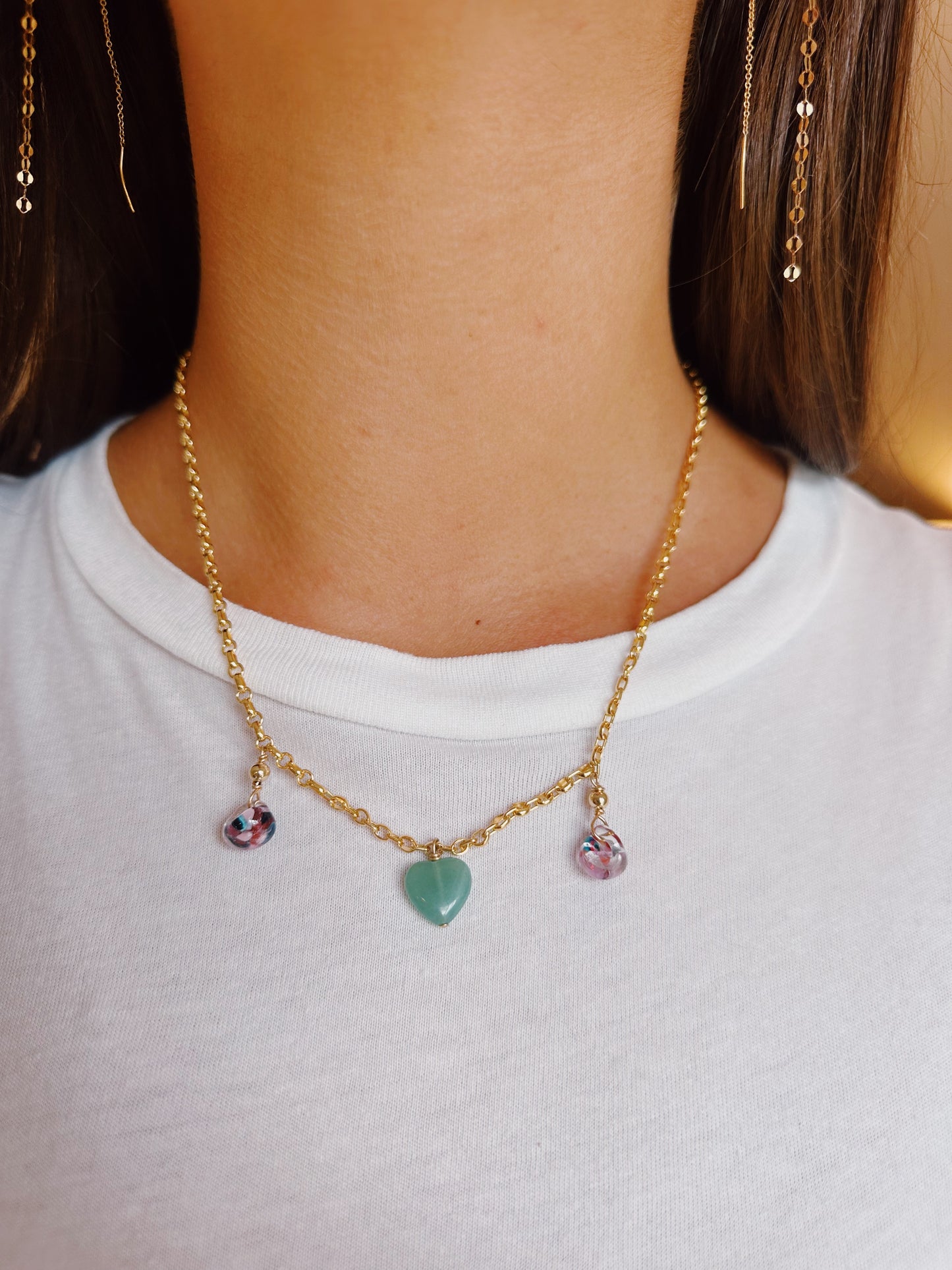 Gemstone Heart Charm and Glass Necklace