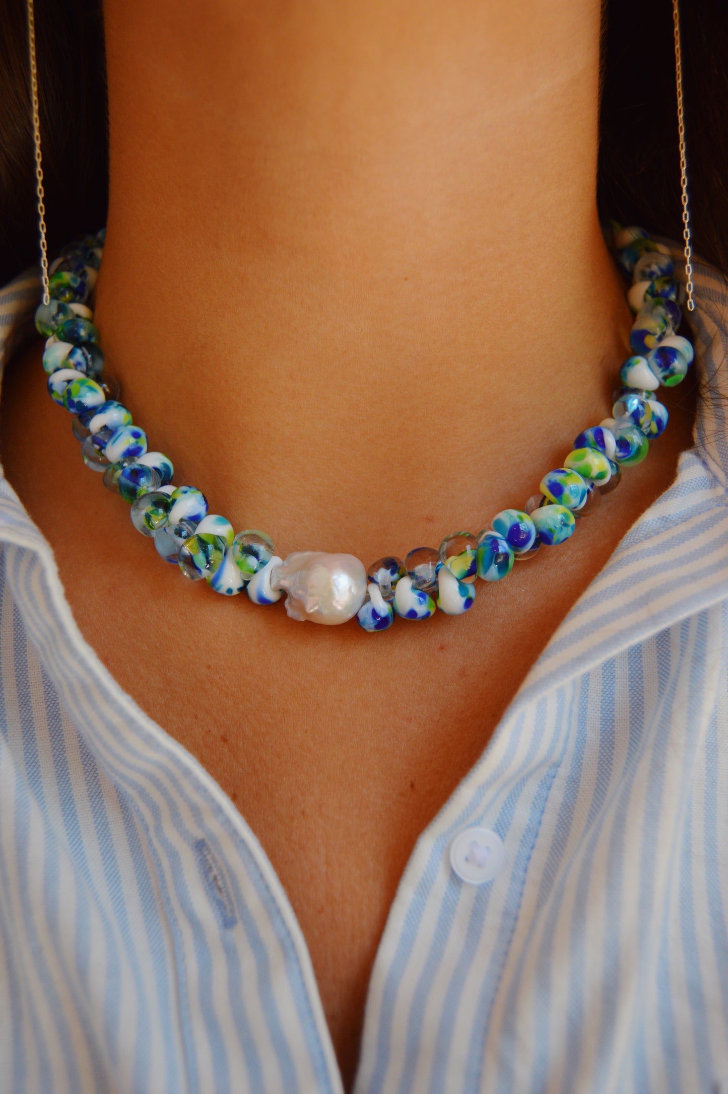 Bubble Glass Necklace- Earth with a Pearl