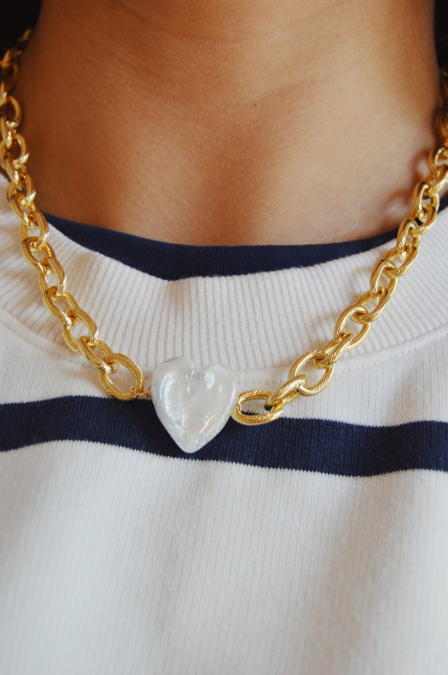 White Chunky Plated Glass Heart Necklaces