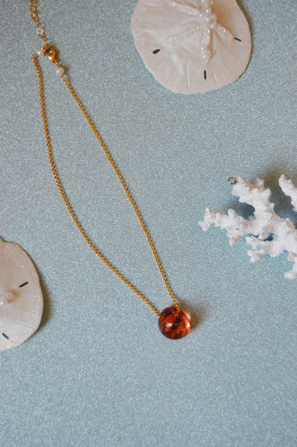 The Grand Bubble Single - Holiday gold necklace, featuring a round amber pendant and delicate freshwater pearls, is displayed on a light blue textured surface with two sand dollars and a piece of white coral.