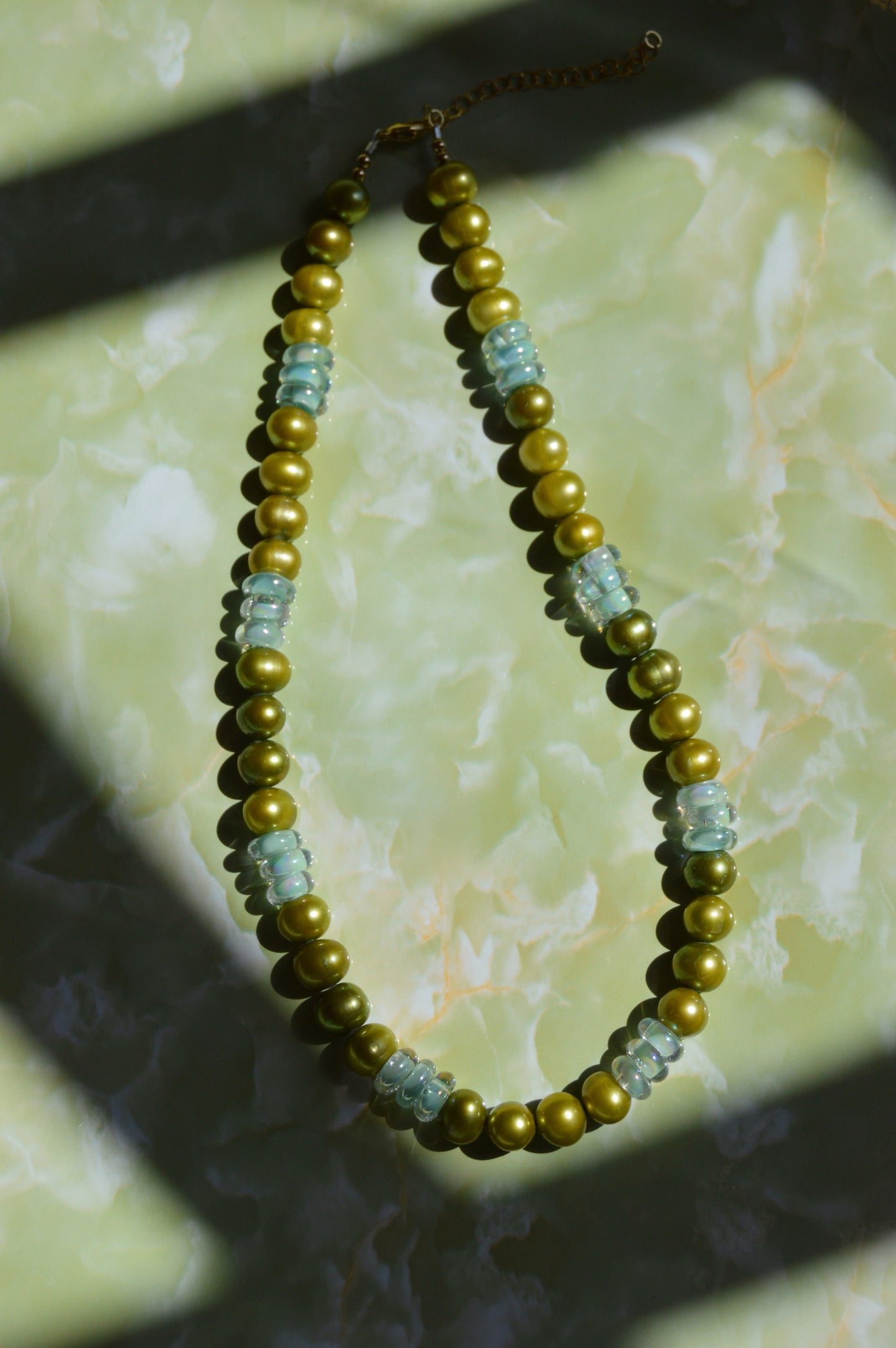 Pearl and Glass Necklace-Lime