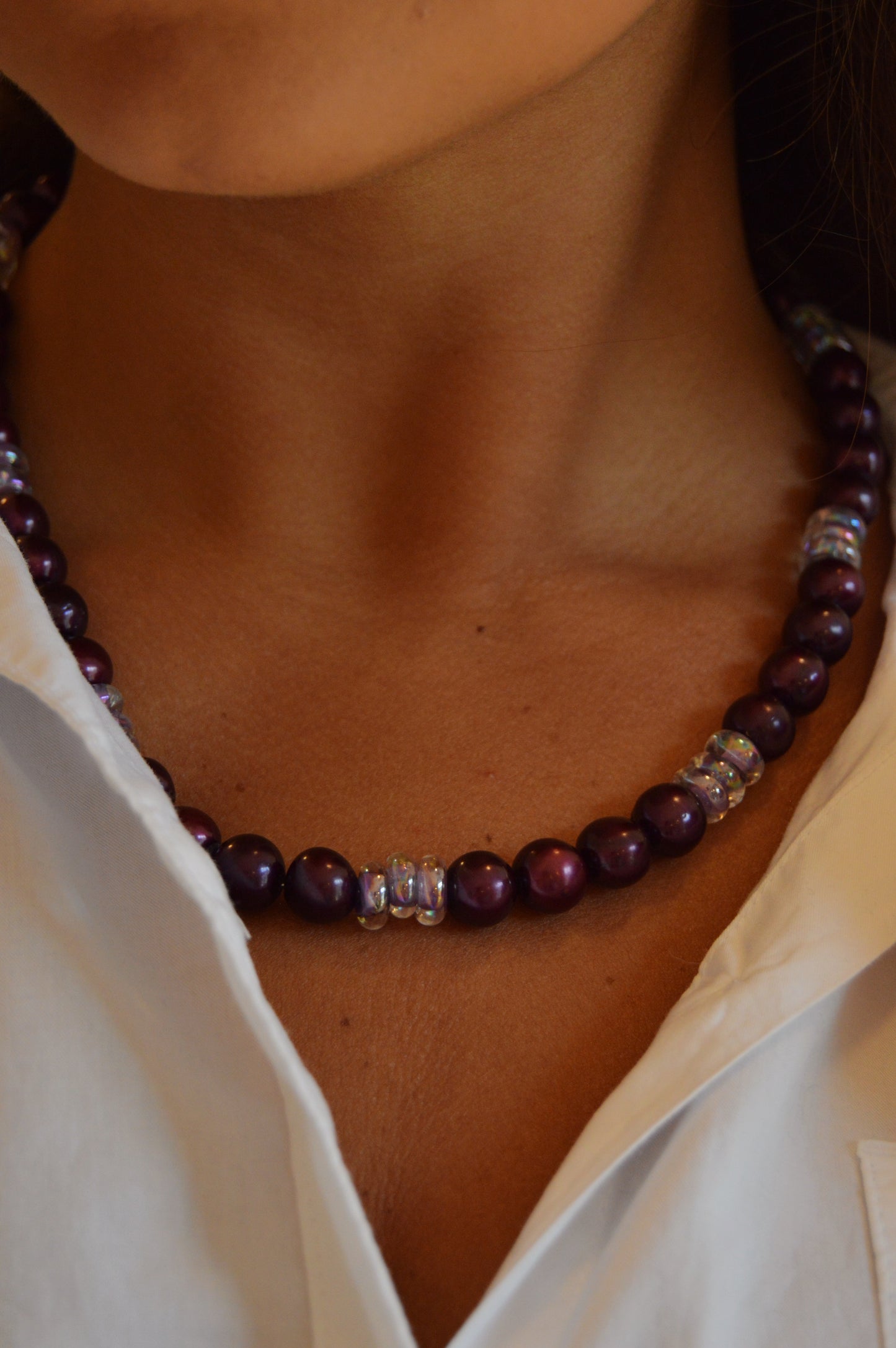 Pearl and Glass Necklace-Shimmer Plum