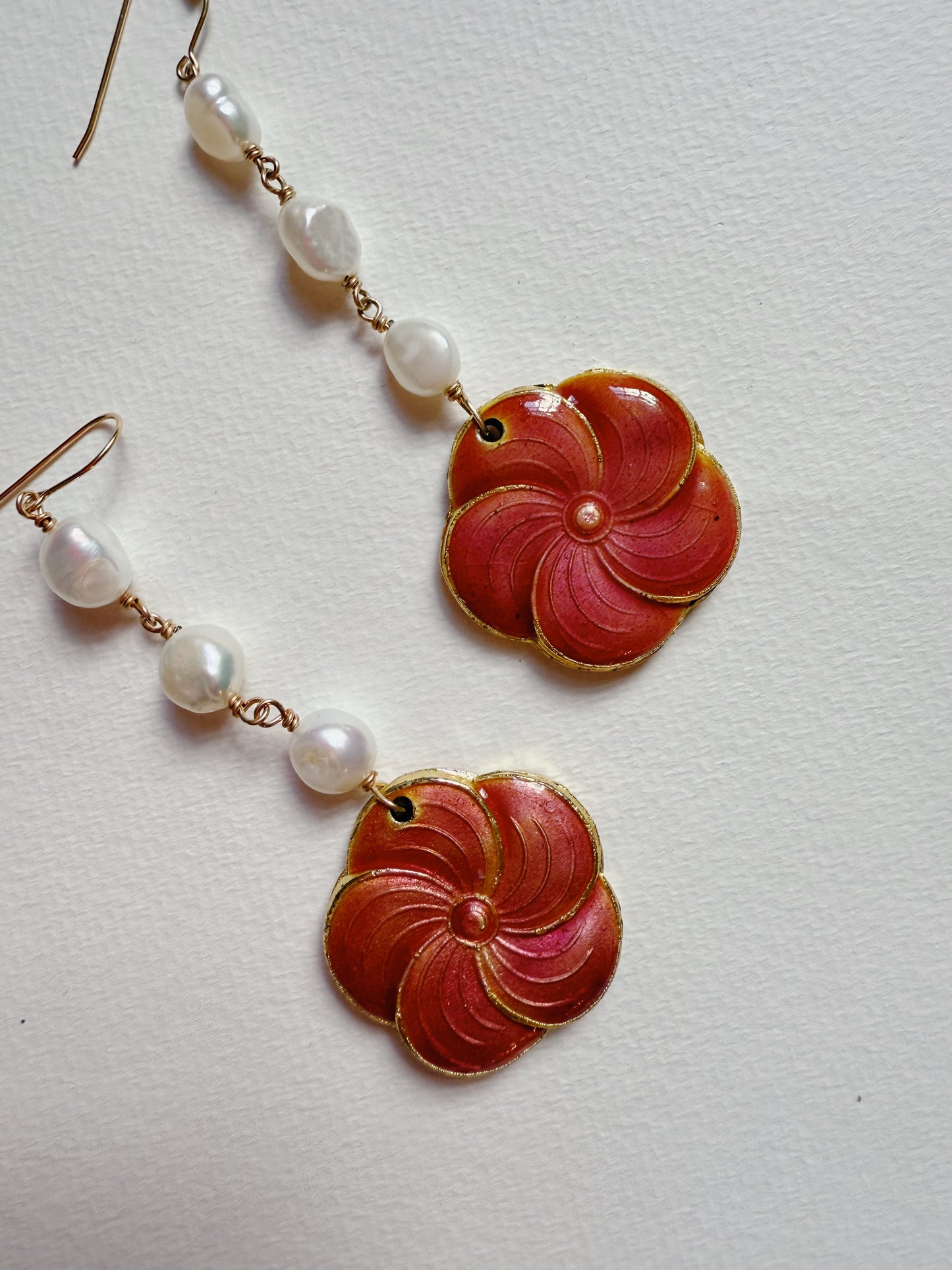 cloisonné pansy and pearl dangles