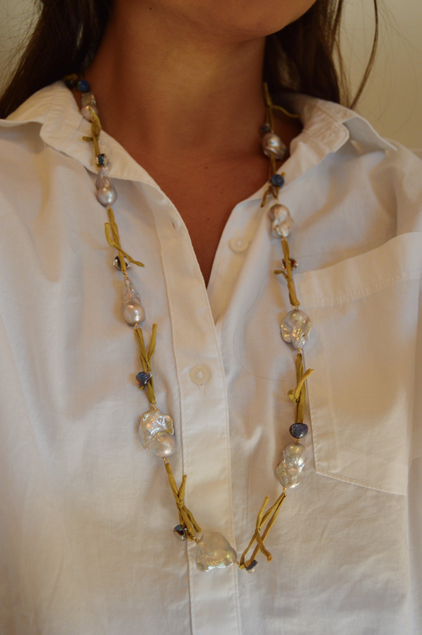Long Silk and Pearl Layer - olive