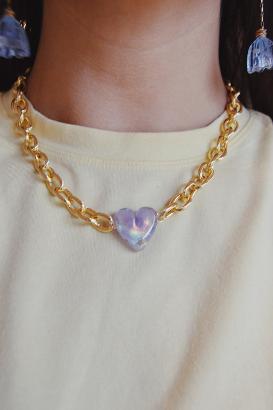 Chunky Plated Glass Heart Necklace- Purple