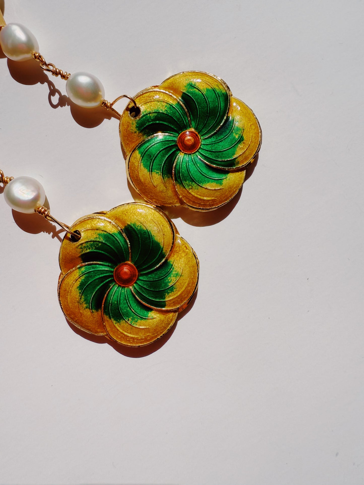 cloisonné pansy and pearl dangles
