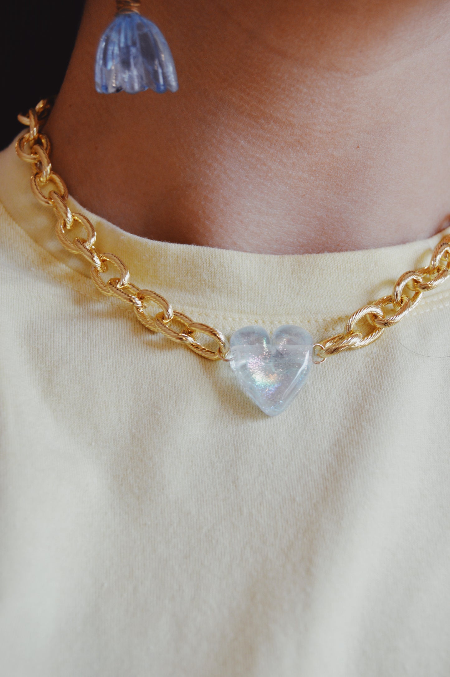 Chunky Plated Glass Heart Necklace- Clear