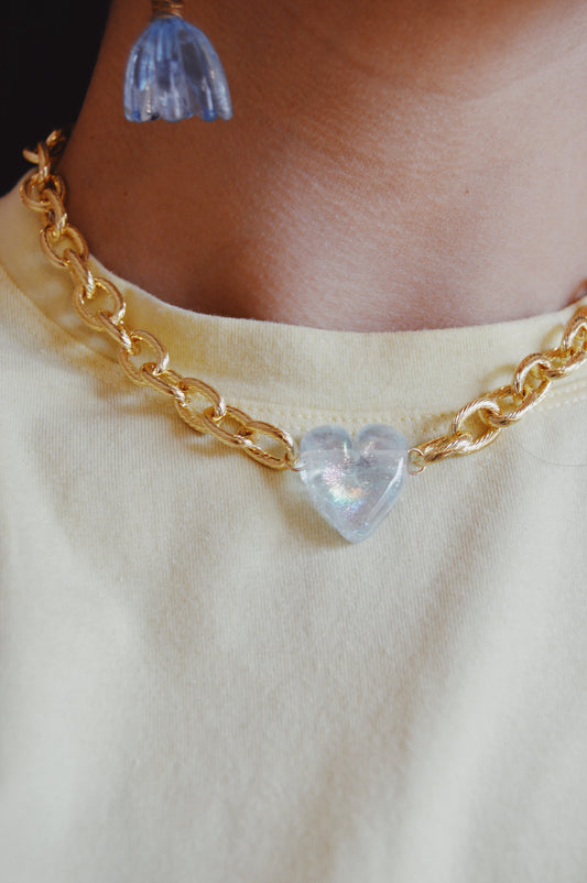 Chunky Plated Glass Heart Necklace- Clear