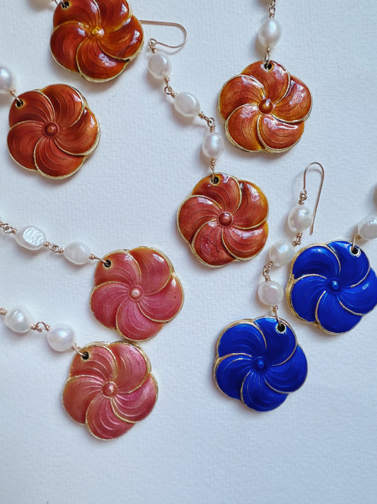 cloisonné pansy and pearl dangles