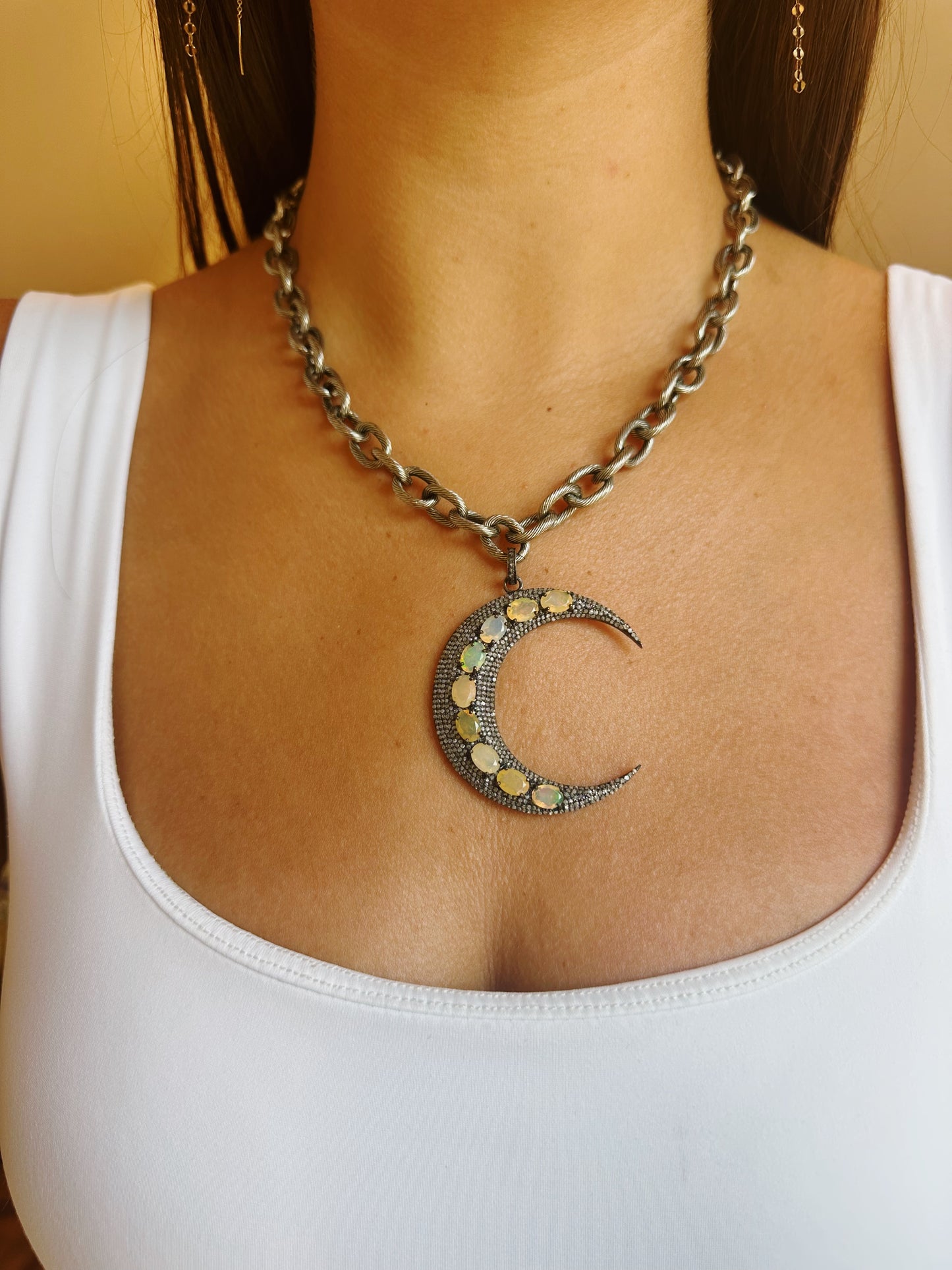 Opal and Pave Diamonds Crescent Moon