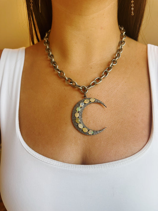 Opal and Pave Diamonds Crescent Moon
