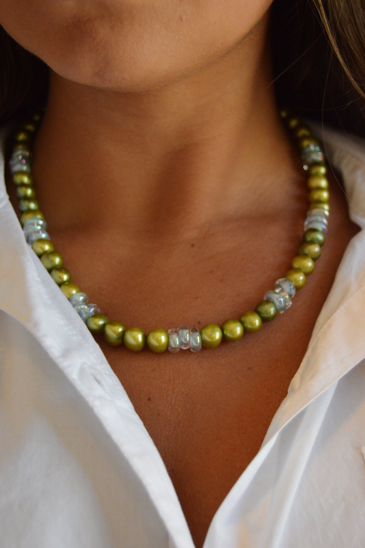 Pearl and Glass Necklace-Lime