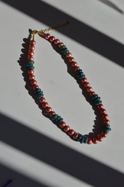 Pearl and Glass Necklace- Pink and Teal