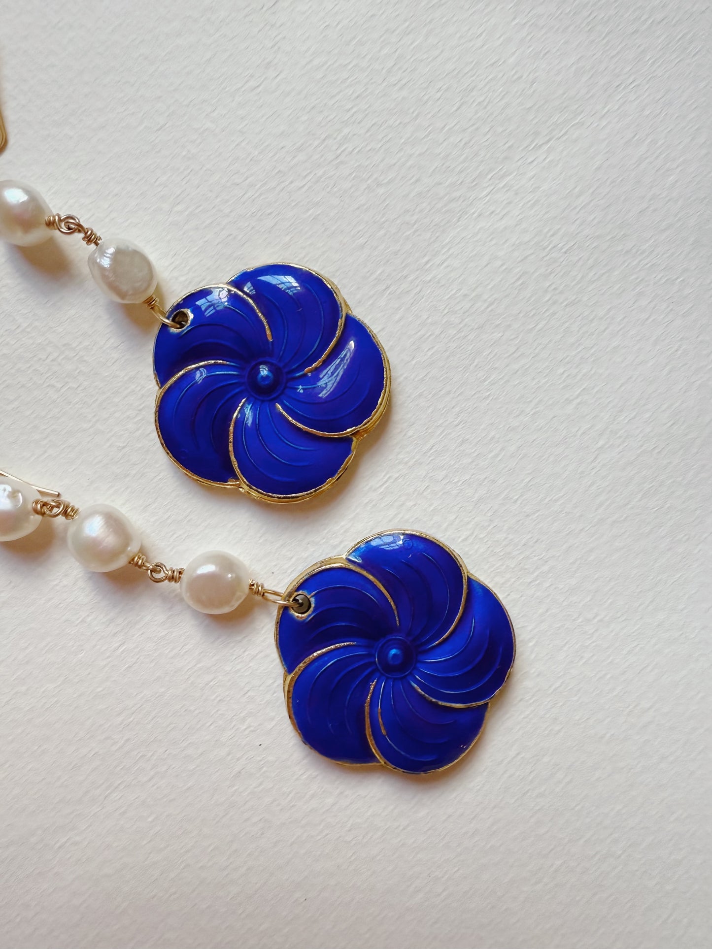 cloisonné pansy and pearl dangles