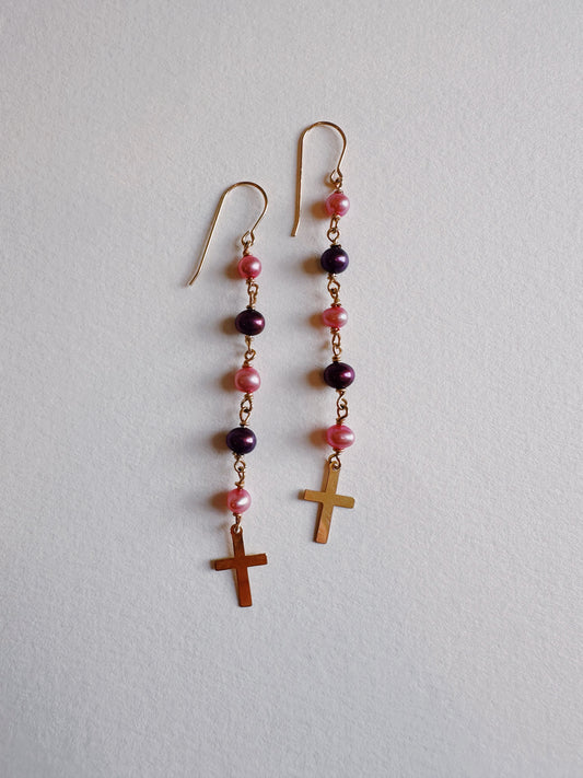 Pearl Cross Drops - Pink and Purple