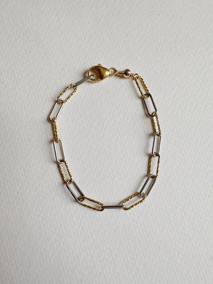 The Mixed Metal Glitz Bracelet features a sterling silver chain with 14k gold-filled accents, blending gold and silver for timeless elegance.