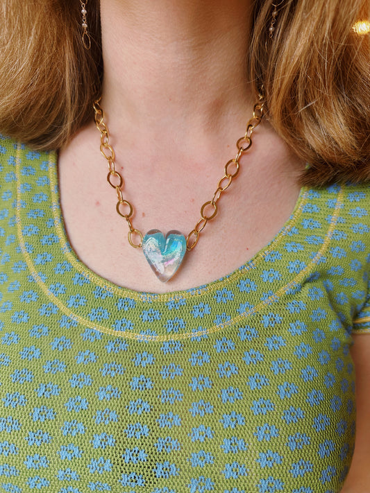 Chunky Gold Filled Glass Heart Necklace