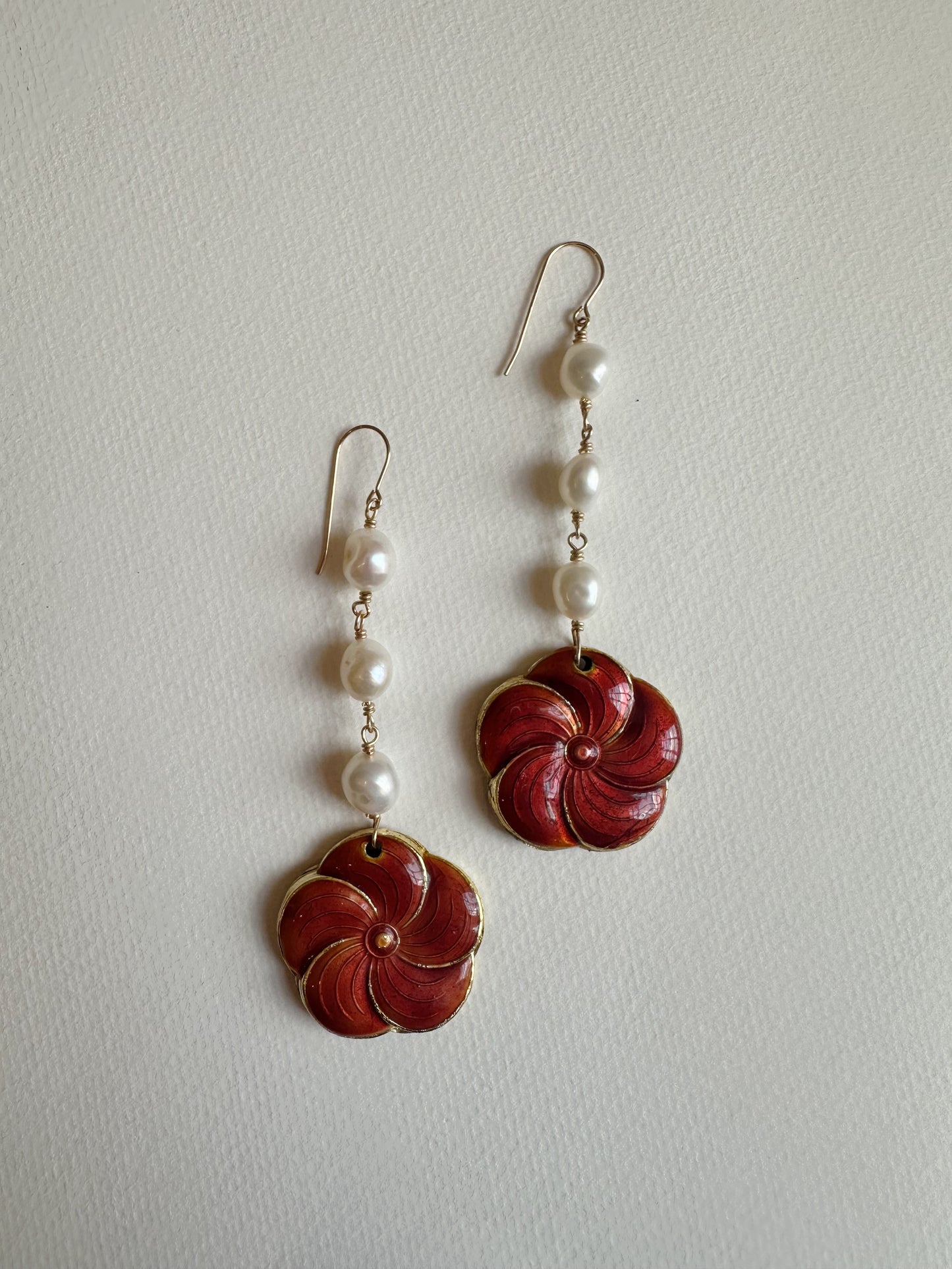 cloisonné pansy and pearl dangles
